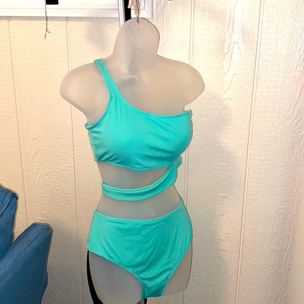 NWOT two piece bikini asymmetrical top mint green